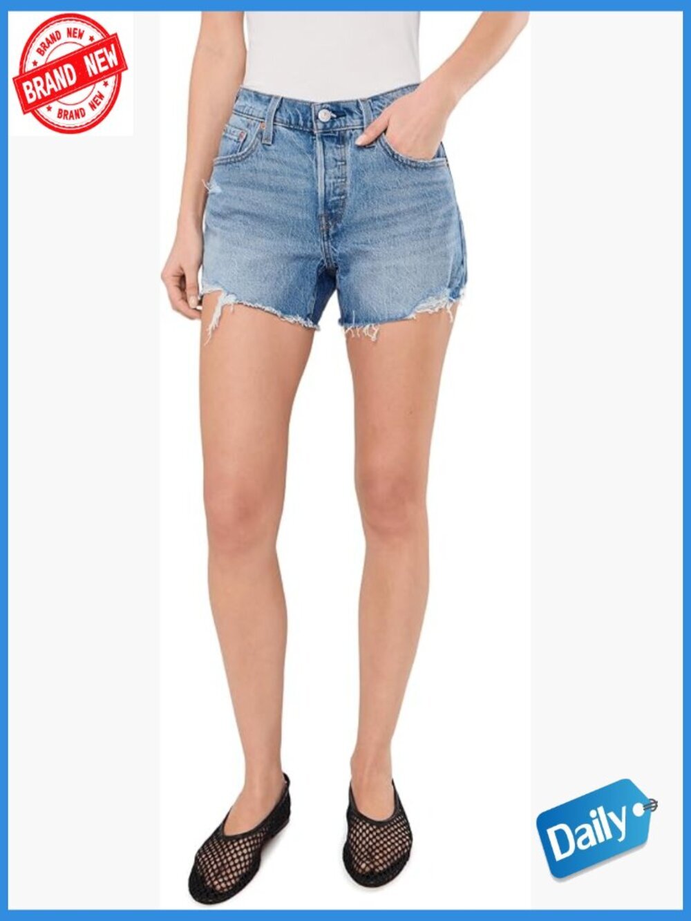 High Rise Denim Shorts with Button Closure - Mid Rise - Cotton Blend